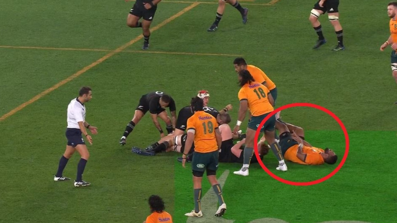 Scott Sio is tackled to the ground by an illegal method during Bledisloe I. Photo: Stan