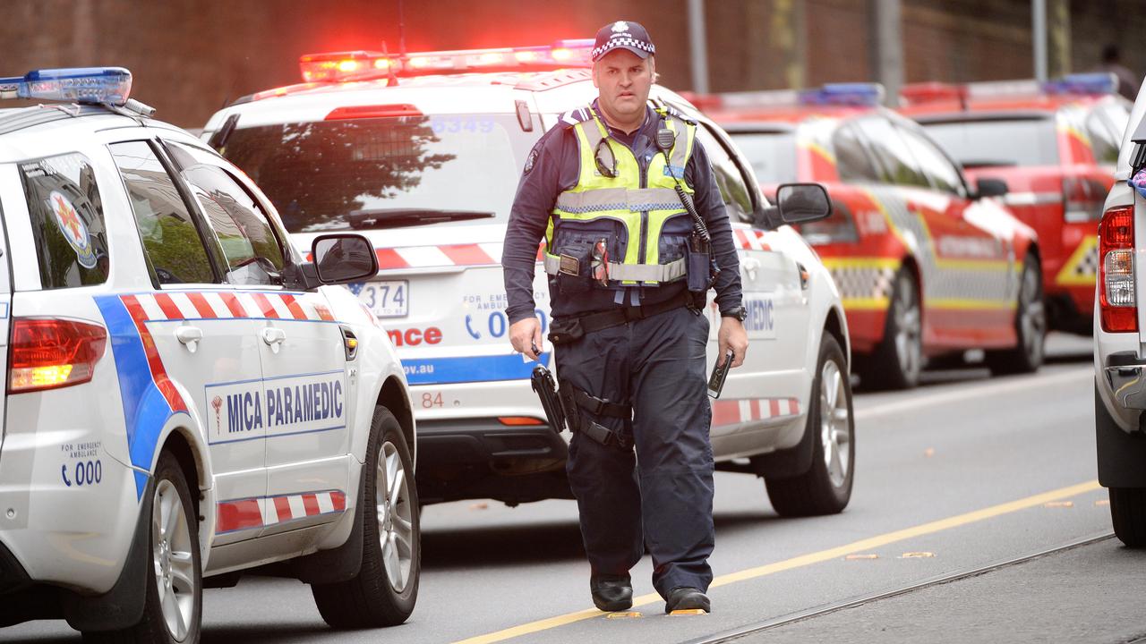 Emergency services outside the AFP building in Melbourne following agent Sue Jones’ death in 2017. Picture: Rob Leeson