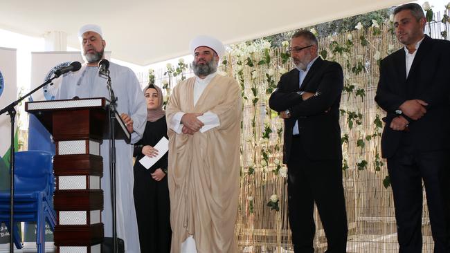 Speakers including Sheik Ameen Abusamaha, Jana El-rifai, Riad El-rifai and Ahmed Zreika at the Marion vigil. Picture: AAP / Emma Brasier