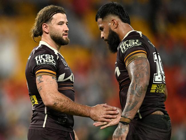Pat Carrigan and Payne Haas have been criticised for not sharing the load enough in Brisbane’s forward pack. Picture: NRL