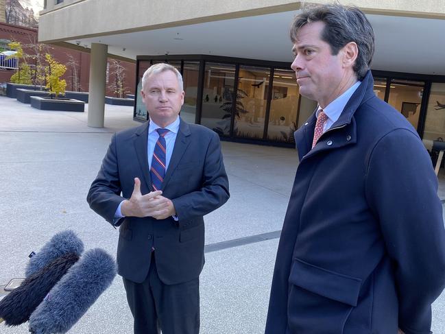 Premier Jeremy Rockliff with AFL CEO Gillon McLachlan in Hobart after meeting to discuss the possibility of a Tasmanian based AFL team. Picture: Brett Stubbs