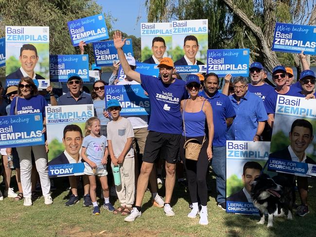 Liberal candidate for Churchlands Basil Zempilas with wife Amy and supporters at Jackadder Lake in Woodlands