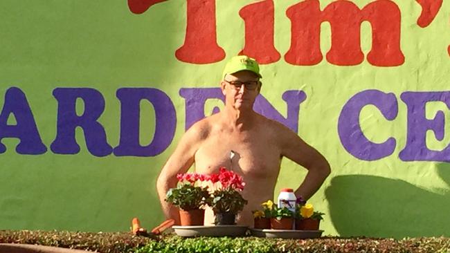 Tim Pickles got his gear off for a TV interview on World Nude Gardening Day. Picture: Phil Conquest Photography