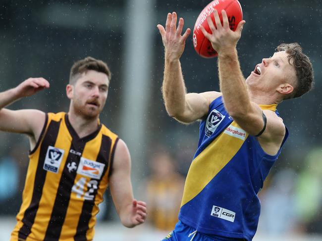 Williamstown’s Ben Jolley reels in a mark during a VFL preliminary final. Picture: Michael Klein