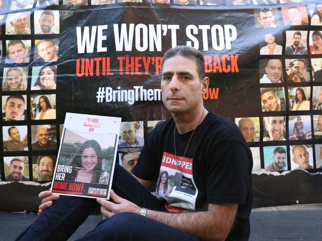 6/9/24: Zack Shachar and a number of supporters gather in Chatswood to read aloud the names of the hostages taken by Hamas. Zack is the cousin of Naama Levy, a 20-year-old woman taken hostage in the October 7 attacks on Israel. John Feder/The Australian.