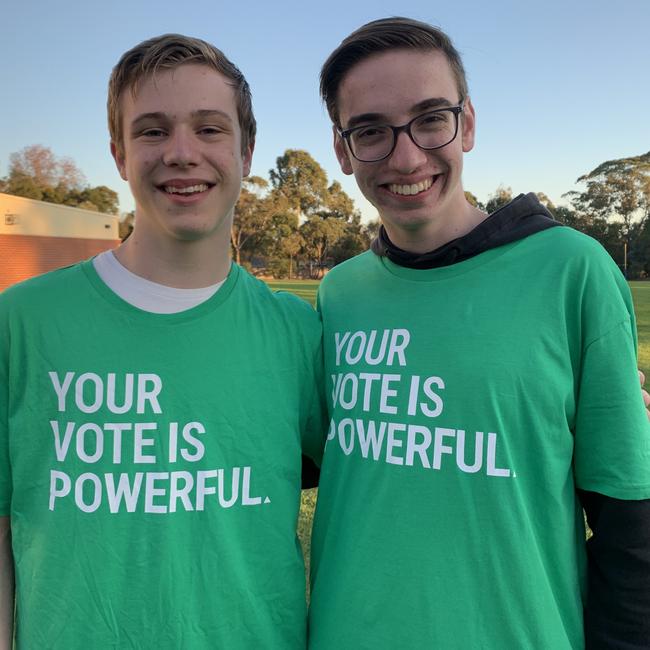 Greens supporters Bradley Watson, 16, and Reuben Steen, 19, of Ringwood and Heathmont at Great Ryrie Primary School on federal election day 2022. Picture: Kirra Grimes