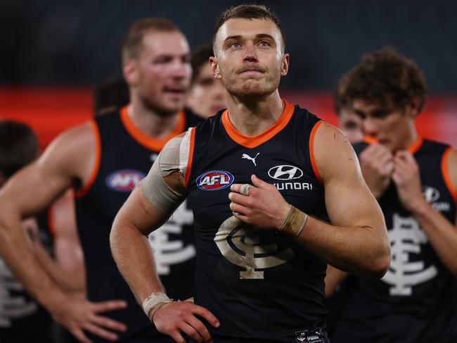 MELBOURNE. 05/05/2023. AFl.  Round 8. Carlton vs Brisbane Lions at Marvel Stadium.  Patrick Cripps leads the Blues off Marvel Stadium after losing to Brisbane . Pic: Michael Klein