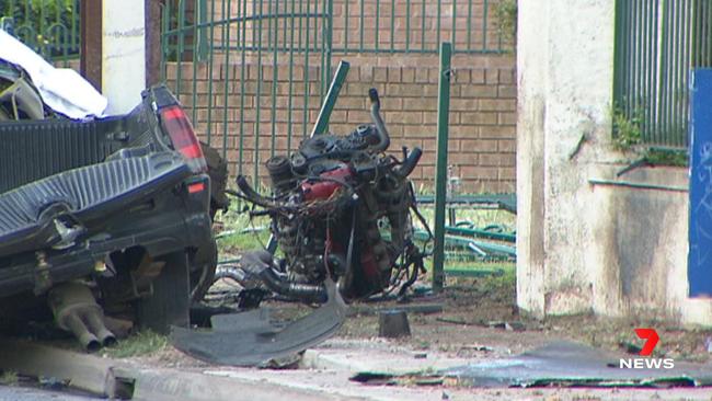 The ute’s engine detached on impact and was found about 50m up the road. Picture: 7NEWS