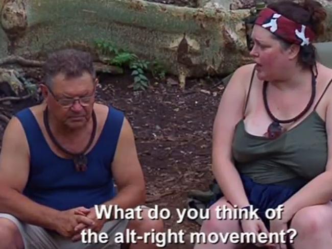 Tziporah Malkah talking politics with Steve Price on I'm a Celebrity Get Me Out of Here. Picture: Channel 10