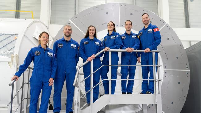 Graduating classmates include, from left, Sophie Adenot (France), Pablo Álvarez Fernàndez (Spain), Rosemary Coogan (UK), Katherine Bennell-Pegg (Australia), Raphaël Liégeois (Belgium) and Marco Sieber (Switzerland).