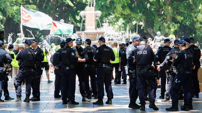 A Pro-Palestinian protest is forming in Hyde Park in Sydney today with a strong Police presence. Picture: David Swift