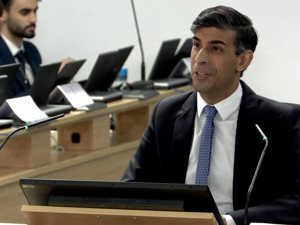 Britain's Prime Minister Rishi Sunak giving evidence at the UK Covid-19 Inquiry, in London, on December 11, 2023. Picture: UK Covid-19 Inquiry / AFP