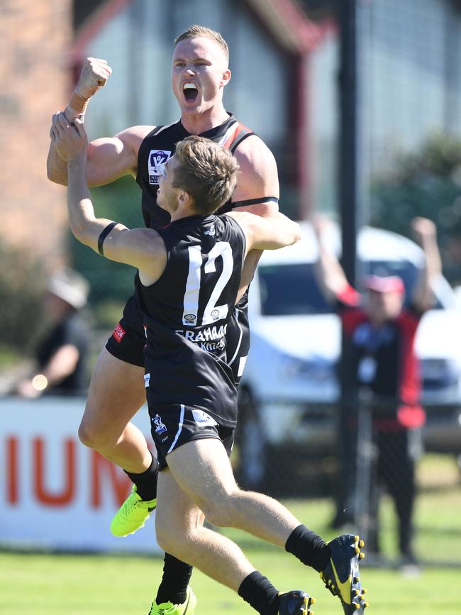 Cora Lynn’s Nathan Gardiner celebrates a goal playing for Frankston VFL team in 2018.