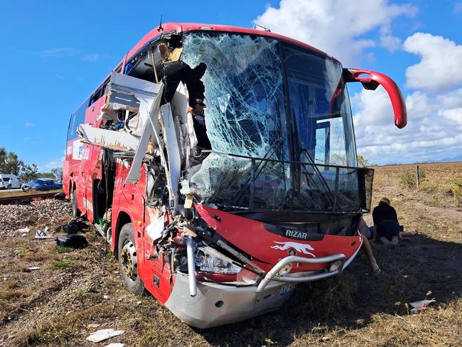 Supplied image from a passenger of a Greyhound bus and caravan crash near Gumlu.