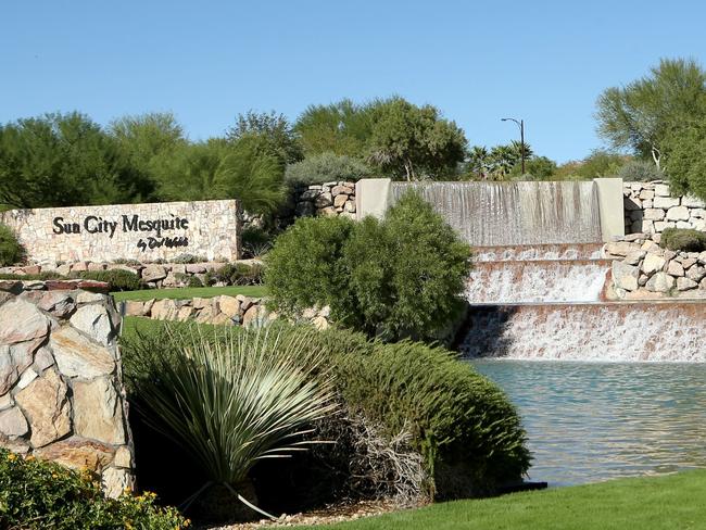 The entrance to the Sun City Mesquite retirement community where suspected Las Vegas gunman Stephen Paddock lived. Picture: Gabe Ginsberg/Getty Images/AFP