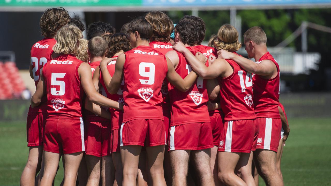 Palm Beach Currumbin SHS prepare for their match against Cleveland District SHS in the AFLQ Schools Cup SEQ finals at People First Stadium. Picture: Glenn Campbell