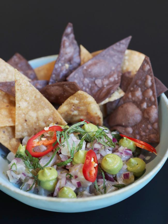 Manky Sally’s snapper ceviche is a bright and citrusy snack with a side of tortilla chips for easy scooping. Picture: Nikki Davis-Jones