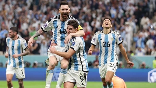 Julian Alvarez celebrates with Lionel Messi after the opening goal. Picture: Getty Images