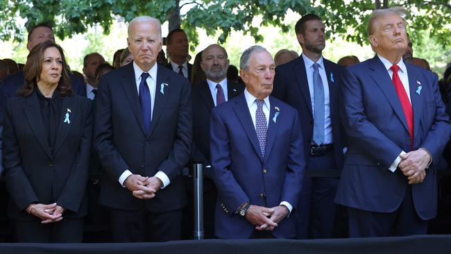 Democratic presidential nominee, U.S. Vice President Kamala Harris, U.S. President Joe Biden, former NYC Mayor Michael Bloomberg and former U.S. President Donald Trump attend the annual 9/11 Commemoration Ceremony at the National 9/11 Memorial and Museum on September 11 in New York City. Picture: Michael M. Santiago/Getty Images/AFP