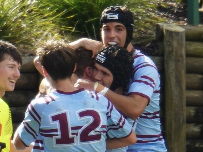 Damon Potts celebrates a try during St Gregory's College's opening round game against St Dominic's College. Picture: St Gregory's College