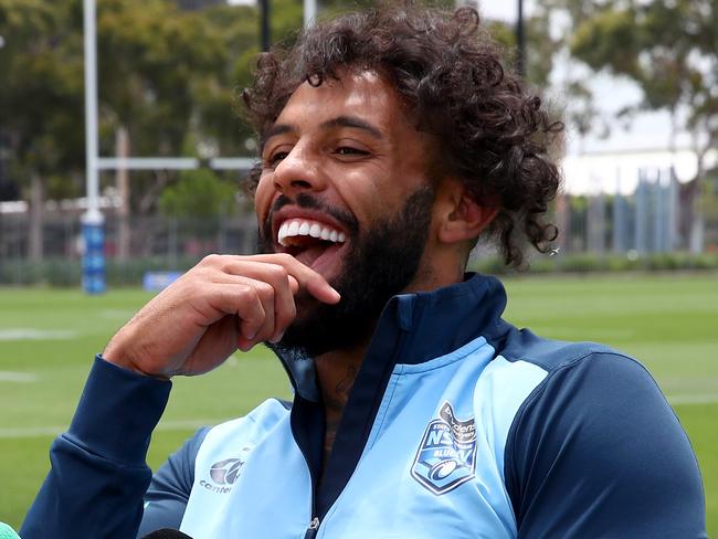 NSW Blues players speak to the media at the NSWRL Centre of Excellence after their win over Queensland in game 2 of the State of Origin series. Josh Addo-Carr speaks to the media about his injured toe. Picture: Toby Zerna