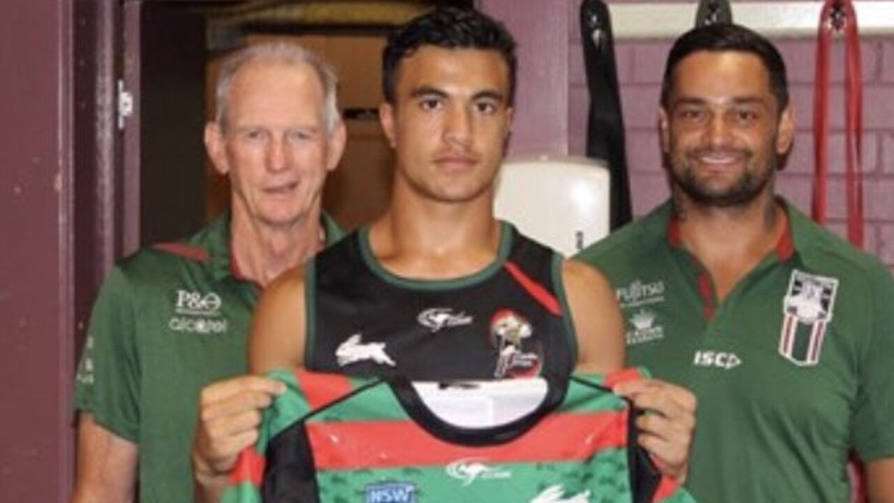 Joseph Suaalii with Wayne Bennett and John Sutton after signing with South Sydney