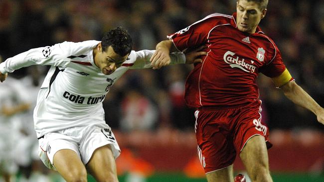 Steven Gerrard, Liverpool (r) and Deivson Bobo, Besiktas battle for the ball  (Photo by Neal Simpson - EMPICS/PA Images via Getty Images)