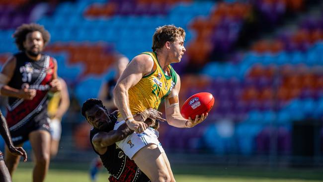 Kaelan Bradtke as St Mary's took on the Tiwi Bombers in the 2024-25 NTFL men's semi-final. Picture: Pema Tamang Pakhrin