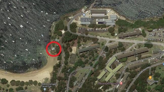 An aerial photo of the navy base, showing the location of the boat shed (in red).