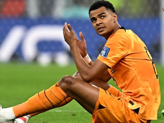 Netherlands' forward #08 Cody Gakpo gestures on the ground during the Qatar 2022 World Cup quarter-final football match between Netherlands and Argentina at Lusail Stadium, north of Doha, on December 9, 2022. (Photo by MANAN VATSYAYANA / AFP)