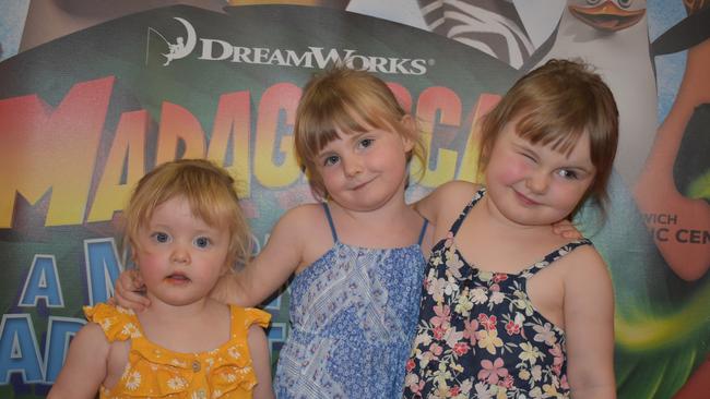 Saoirse Conneely, Eirinn Conneely and Nianh Conneely at Madagascar A Musical Adventure Jr. presented by Fusion Arts Inc and Ipswich Civic Centre. Photo: Georgie Walker