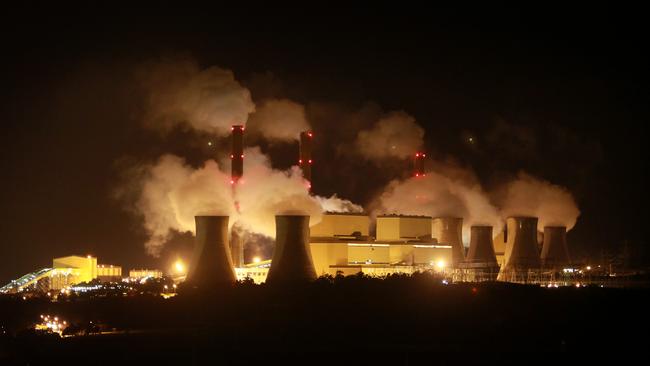 The Loy Yang A &amp; B Coal Fired Power Plant in operation during the night in the Latrobe Valley, Victoria.