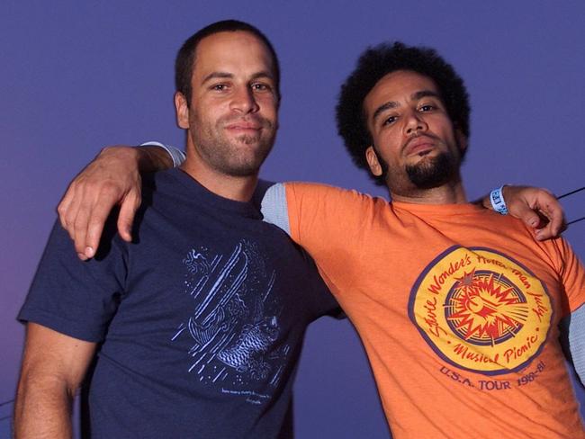 Ben Harper with Jack Johnson in Broken Hill in 2003. Picture: Matt Turner.