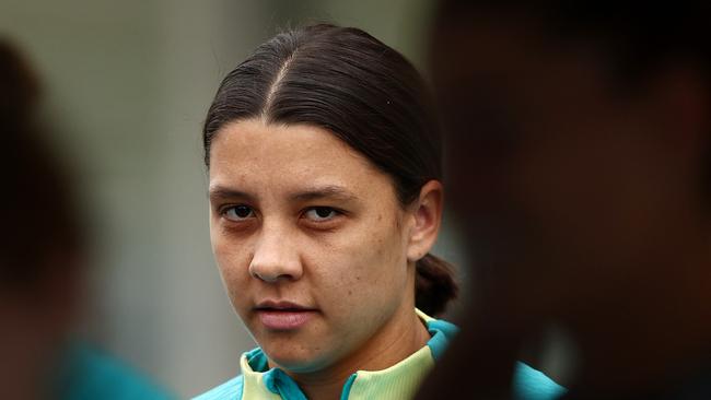 BRISBANE, AUSTRALIA - JULY 17: Sam Kerr during an Australia Matildas training session ahead of the FIFA Women's World Cup Australia & New Zealand 2023 Group B match between Australia and Ireland at Queensland Sport and Athletics Centre on July 17, 2023 in Brisbane, Australia. (Photo by Chris Hyde/Getty Images)