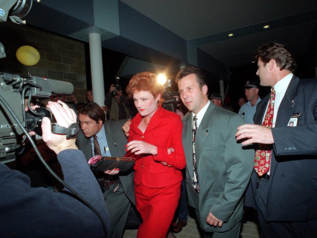 Pauline Hanson arriving in Perth for a meeting amid demonstrations in May, 1997.