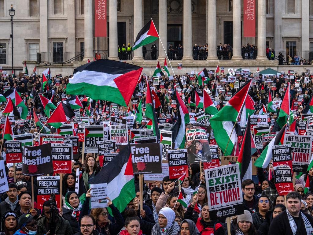 Pro-Palestinian protesters in London’s Trafalgar Square. Picture: Getty Images