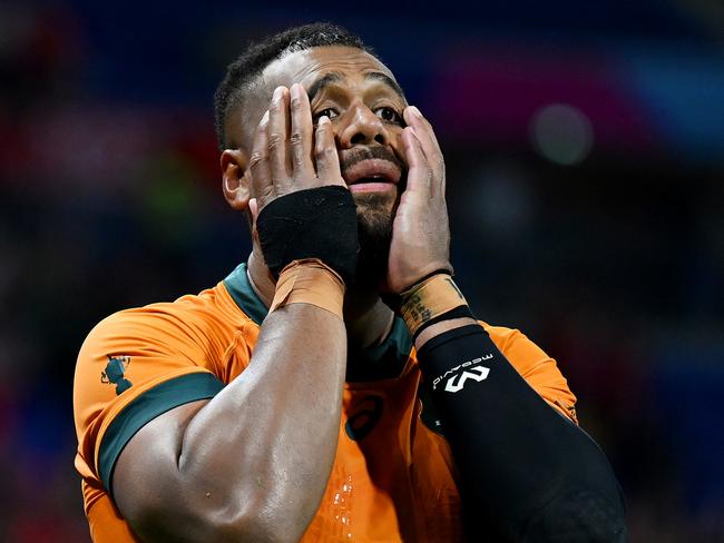 Samu Kerevi after Australia’s World Cup defeat to Wales. Picture: Hannah Peters/Getty Images