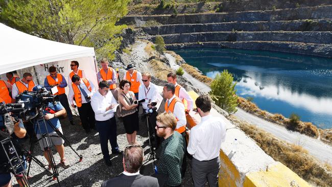 SA Energy Minister Tom Koutsantonis and Tilt Renewables CEO Deion Campbell at the quarry. David Mariuz/AAP