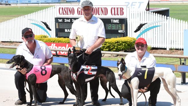 Trainer Reg Gardoll took out the $11,000 Pop Northfield Memorial Final (411m) with Profit Plan ($2.60 favourite), centre, at the Casino greyhounds on Friday. Profit Plan is owned by his wife Eva and was bred by Toni and Charlie Northfield. Kooringa Lucy ($3), right, bred and trained by Mitch Northfield, was two-and-a-half lengths back in second place, with a further five-and-a-half lengths back to Miss Rocket ($16), left, for trainer Craig McPhee and owner Colette Northfield. The winner clocked 23.15 seconds.