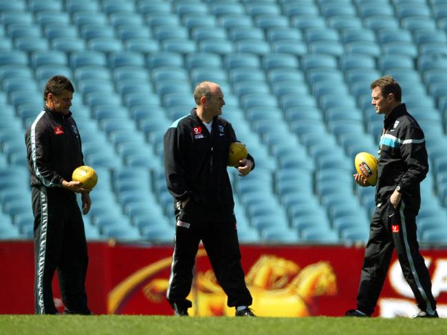 Geoff Morris, Dean Bailey and Phil Walsh during Port Adelaide Power training held at AAMI Stadium.