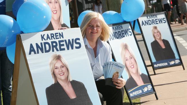 Karen Andrews with campaign signage.