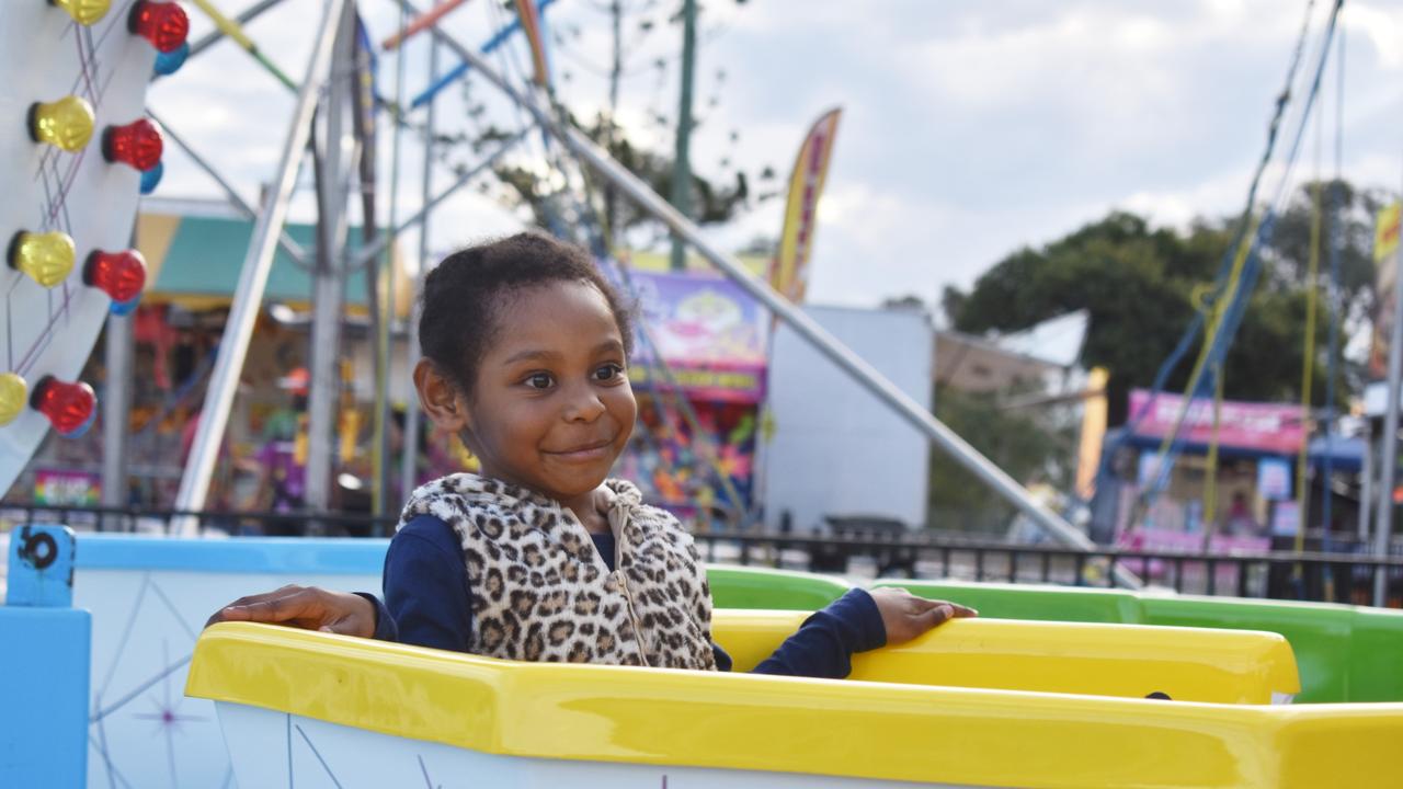 Shain Moabi on the teacup ride at the 2023 Gatton Show on Friday, July 21. Picture: Peta McEachern