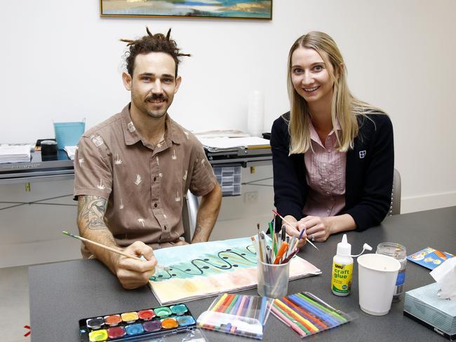 Kyle Hodson (patient) and Kelly Leech (psychology team leader) in the art room of the new Mental Health ward at Southport Private hospital. Picture: Tertius Pickard