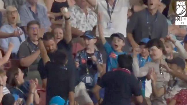 Liam Haskett's father Lloyd Haskett catches Nathan McSweeney’s six off his son’s bowling. Picture: FoxSports