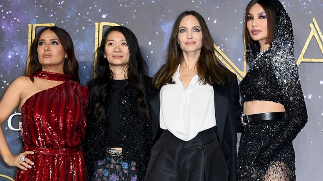 Salma Hayek, Chloe Zhao, Angelina Jolie and Gemma Chan at the London premiere of Eternals last month. Picture: Gareth Cattermole/Getty Images for Disney