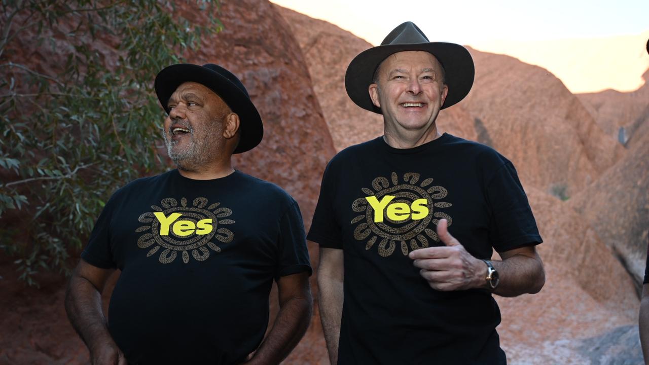 Prominent indigenous leader Noel Pearson with Australian Prime Minister Anthony Albanese at Uluru National Park ahead of the 2023 Voice to Parliament Australian referendum. Picture: NCA NewsWire / Martin Ollman