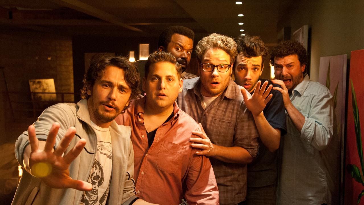 Rogen (centre) starred in the raunchy end of the world comedy. Picture: Suzanne Hanover.