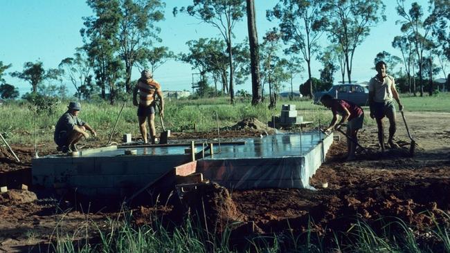 Building the soccer field storage shed in Svensson Heights, 1970. Laying the groundwork for the future sports facility. Source: QLD Places