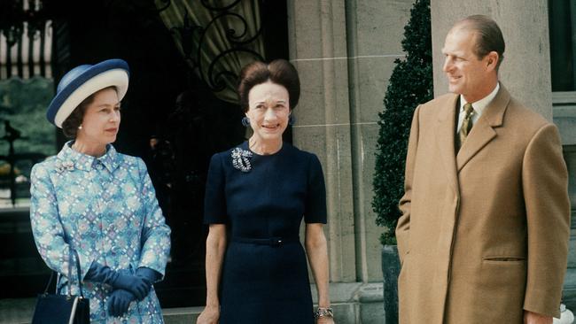 Queen Elizabeth II and her husband Prince Philip with Wallis Simpson in 1972. Picture: AFP