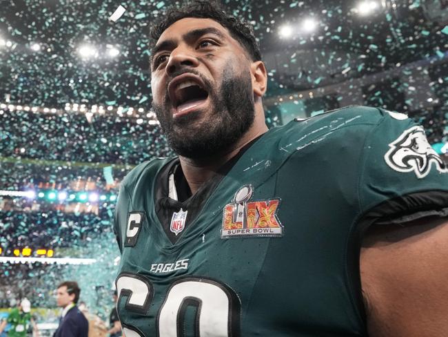 Philadelphia Eagles tackle Jordan Mailata celebrates after defeating the Kansas City Chiefs in the NFL Super Bowl 59 football game, Sunday, Feb. 9, 2025, in New Orleans. (AP Photo/Doug Benc)